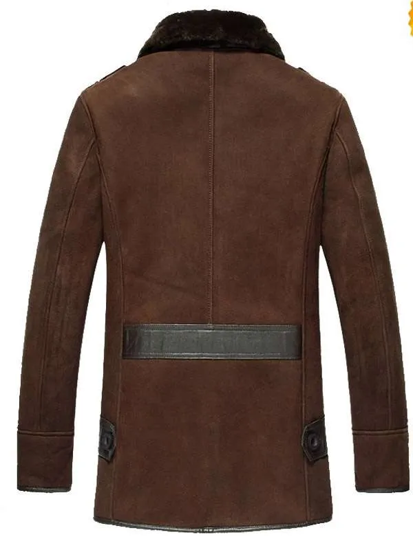 Studio cutout back view of Mens Dark Brown Suede Leather Shearling Mid Length Car Coat