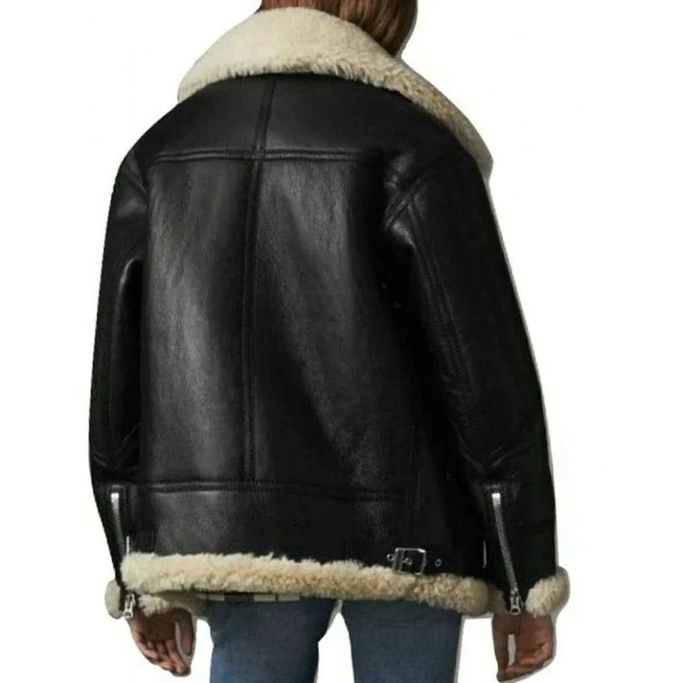 Model back view of Womens Black Leather Cream Shearling Oversized Aviator Jacket