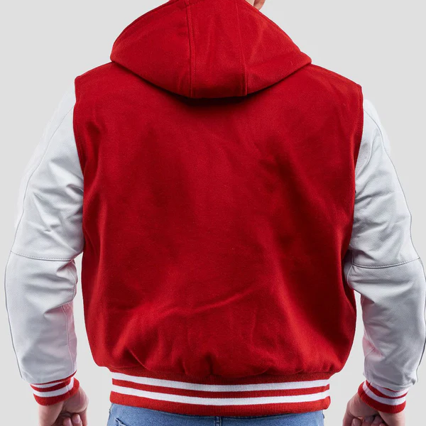 Scarlet Red and White Hooded Wool Varsity Letterman Jacket - Image 2