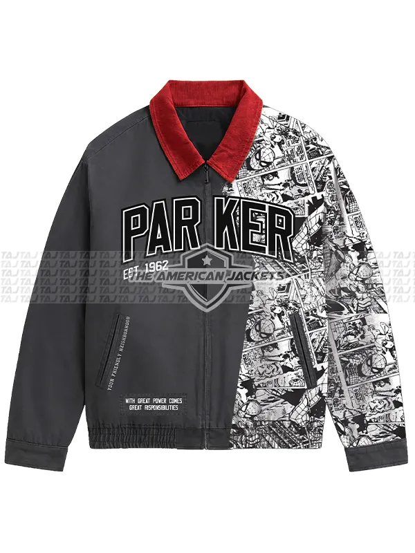 Spider-Man Brand New Day Peter Parker Cotton Work Jacket front view showing comic graphics