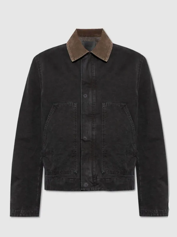 Front view of the black cotton jacket with a brown corduroy collar worn inSpider-Man Brand New Day Tom Holland Black Cotton Jacket
