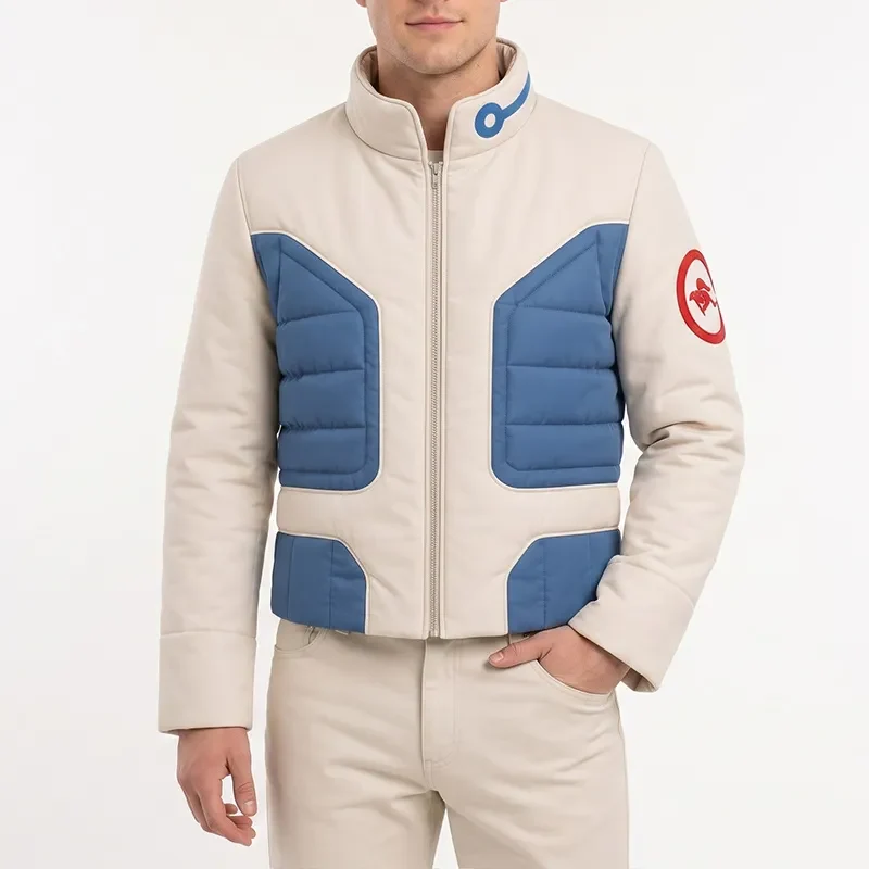 Front view of a man wearing the Star Fox McCloud puffer white and blue jacket featuring slate blue quilted chest panels, zip closure, and sleeve fox logo. Star Fox McCloud Puffer White and Blue Jacket