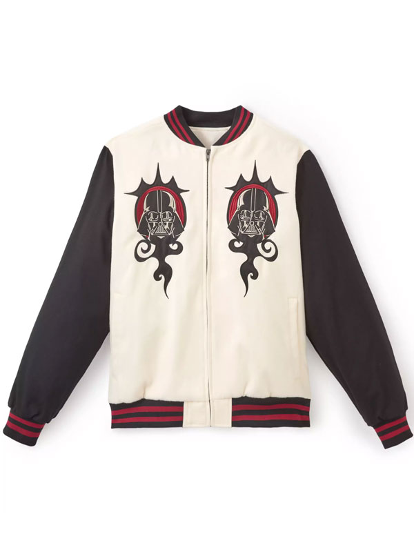 Star Wars Darth Vader Character Varsity Jacket front view showing zip closure and chest embroidery