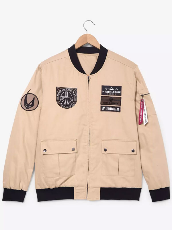 Front view of the Mandalorian cotton flight jacket with chest patches, flap pockets, and zipper closure Star Wars The Mandalorian Cotton Flight Jacket