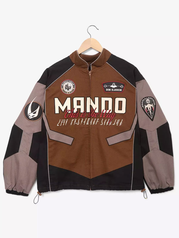Front view of the multi-tone Mando cotton racing jacket with chest embroidery and patches Star Wars The Mandalorian Cotton Moto Jacket