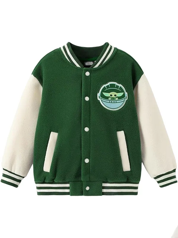 Front view of the green wool varsity jacket featuring a Grogu chest patch and snap buttons . Star Wars Grogu Green White Wool Varsity Jacket