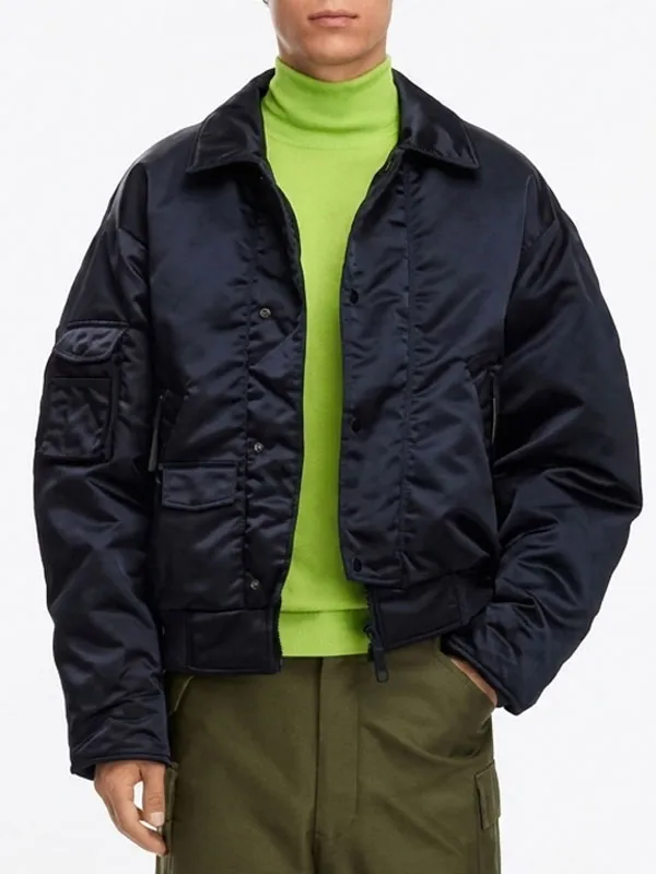 Front view of Andrew Koji wearing the deep blue satin jacket in Street Fighter Andrew Koji Blue Jacket