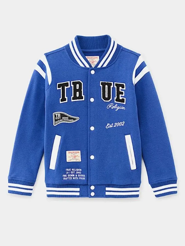 Front view of the Andrew Koji Street Fighter Blue Varsity Jacket with patches and snap buttons
