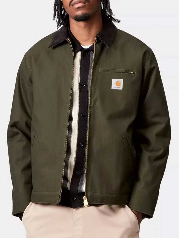Front view of Noah Centineo wearing the green cotton jacket with a brown corduroy collar at the Street Fighter Launch Party Noah Centineo Green Cotton Jacket