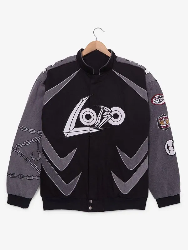 Supergirl 2026 Movie Lobo Character Jacket cotton moto jacket front view with LOBO chest lettering