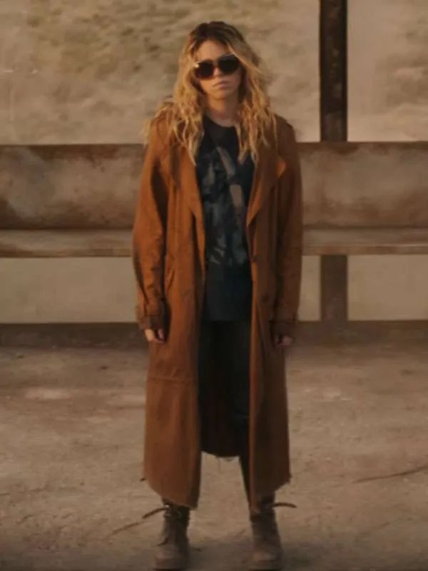 Front view of Milly Alcock wearing the brown cotton coat as Supergirl. Supergirl Kara Zor El Brown Cotton Coat