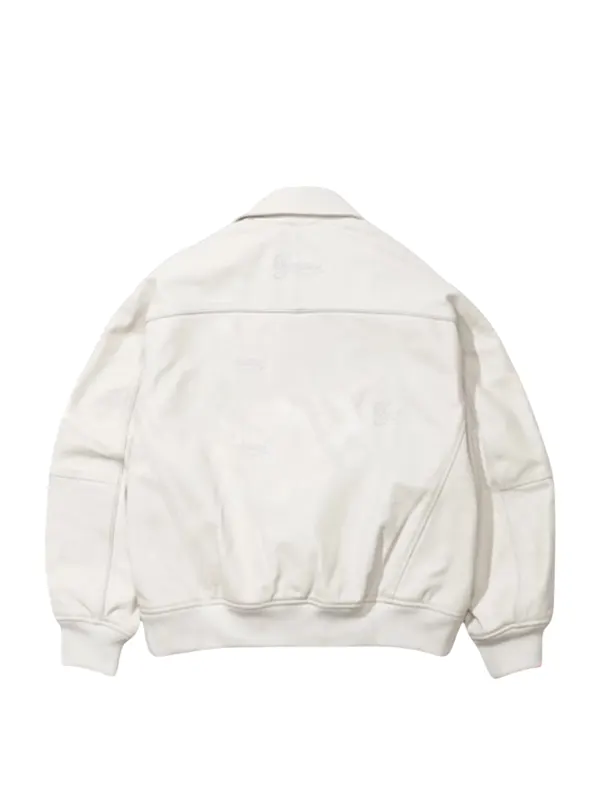 Off White Leather Bomber Jacket back view showing horizontal back yoke seam and sleeve panels
