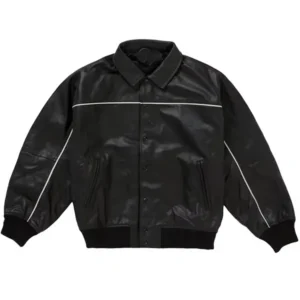 Supreme Black Leather Bomber Jacket front view showing fold-over collar and white piping line