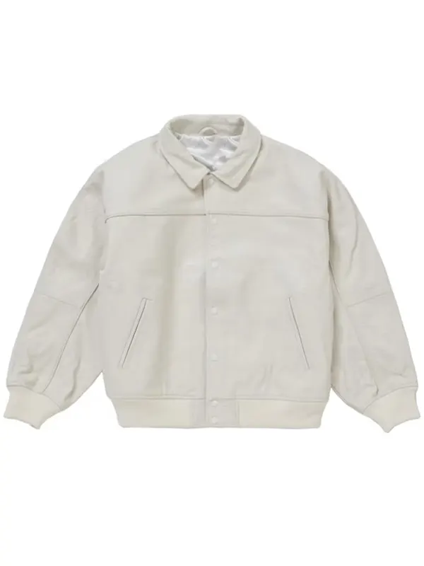 Off White Leather Bomber Jacket front view showing fold-over collar and snap button closure