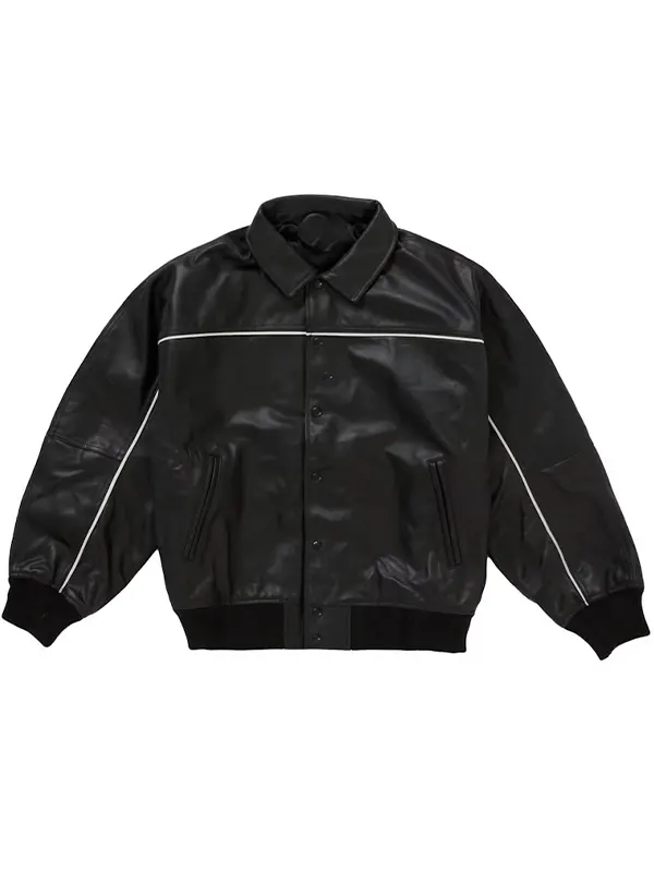 Supreme Black Leather Bomber Jacket front view showing fold-over collar and white piping line