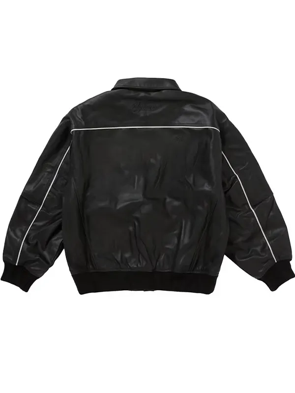 Supreme Black Leather Bomber Jacket back view showing white contrast piping and tonal script logo