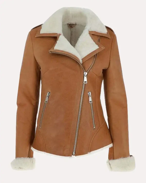 Front view of Womens Tan Brown Leather Off White Shearling Biker Jacket
