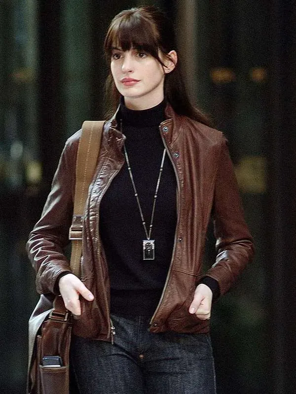 Front view of Anne Hathaway wearing the brown leather jacket as Andy Sachs in The Devil Wears Prada 2 Andy Sachs Brown Leather Jacket