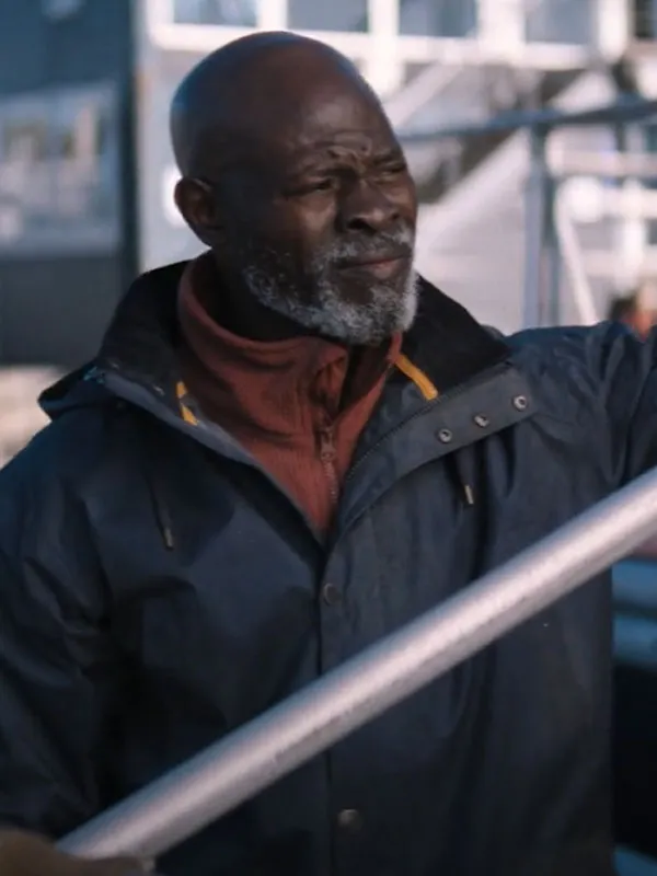 Front view of Djimon Hounsou wearing the blue hooded jacket as Dr. Dale Edwards in Thrash. Dr. Dale Edwards Blue Hooded Jacket