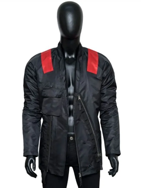 Front view of the black jacket featuring an asymmetric zipper, chest pocket, and stand-up collar. Twenty One Pilots Clancy Overcompensate Tyler Joseph Black Jacket