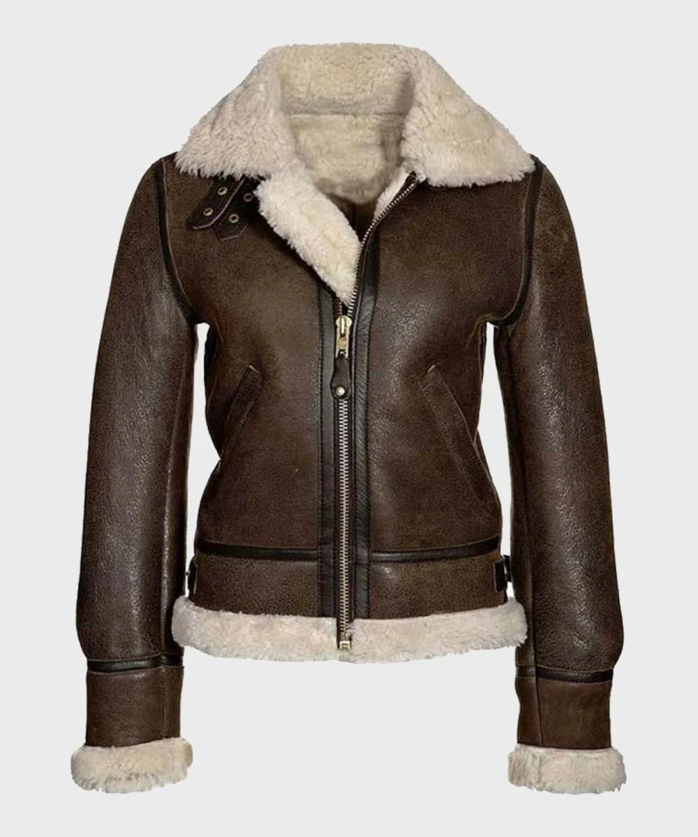 Studio cutout front view of Womens Distressed Dark Brown Leather Off White Shearling B3 Aviator Jacket