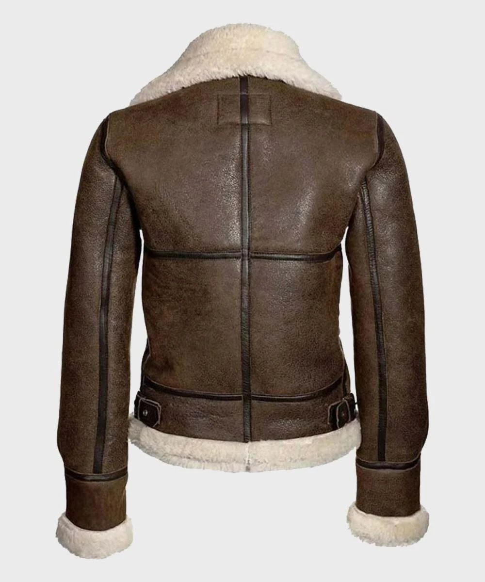 Studio cutout back view of Womens Distressed Dark Brown Leather Off White Shearling B3 Aviator Jacket