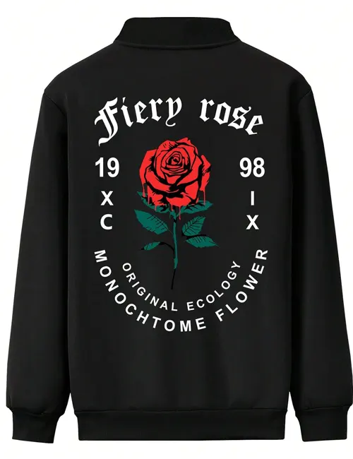 Men Fiery Rose Monochtome Flower Printed Black Bomber Jacket - Image 2