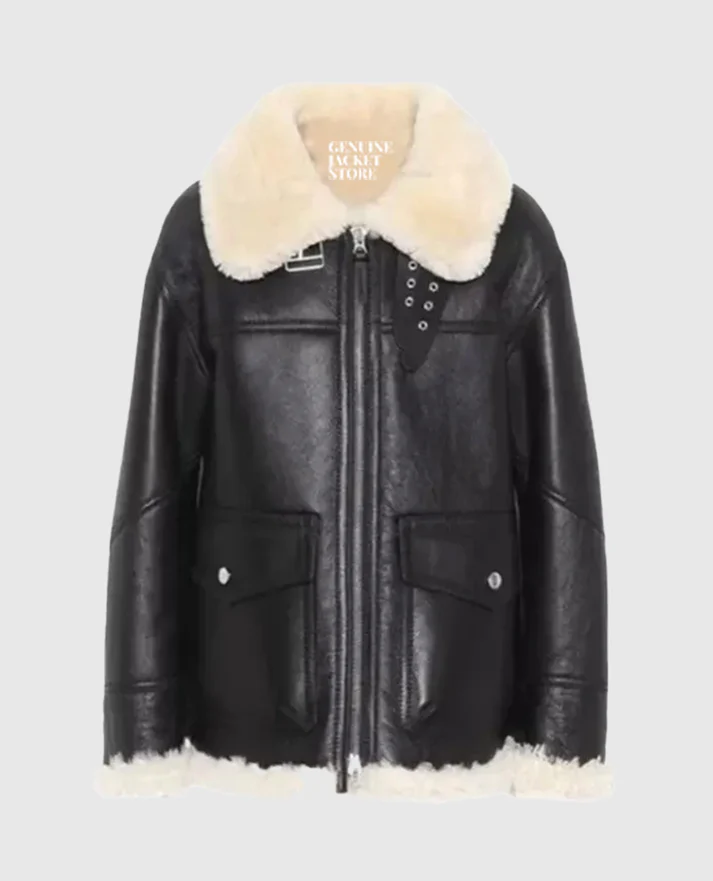 Studio cutout front view of Womens Black Leather Cream Shearling Oversized Aviator Jacket