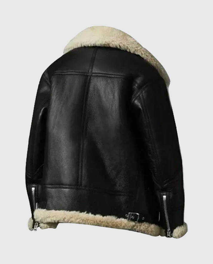 Studio cutout back view of Womens Black Leather Cream Shearling Oversized Aviator Jacke