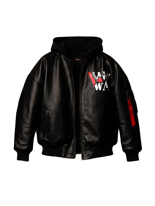Liv Morgan WWE Leather Hooded Bomber Jacket front view showing graphic chest patch and attached hood