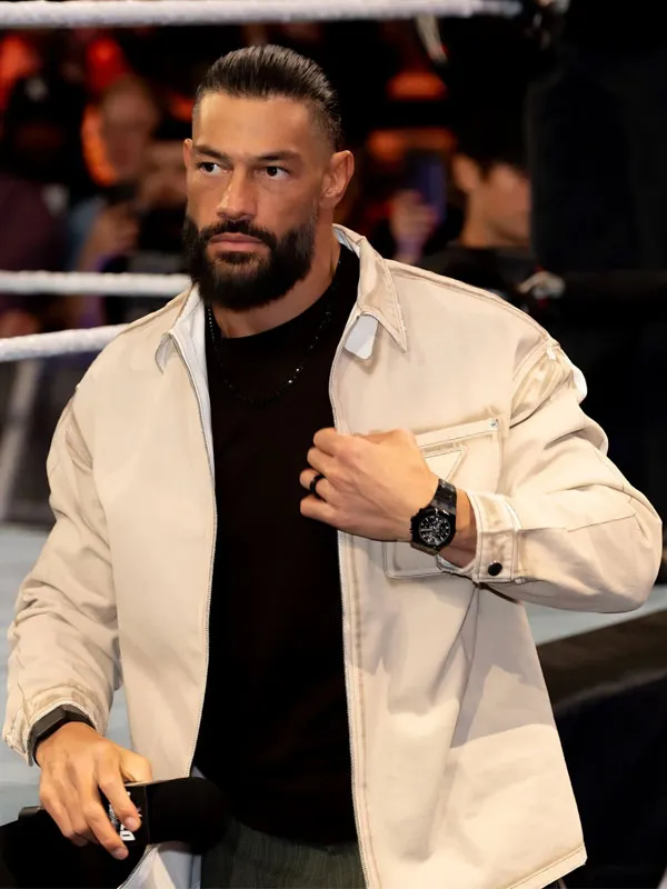 Front view of Roman Reigns wearing the off-white cotton zipper jacket at a WWE Roman Reigns Street Fighter Event Off White Cotton