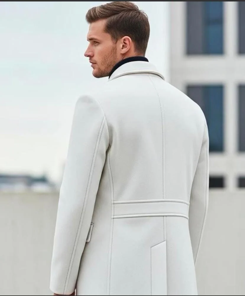 men's white wool peacoat back view collar detail