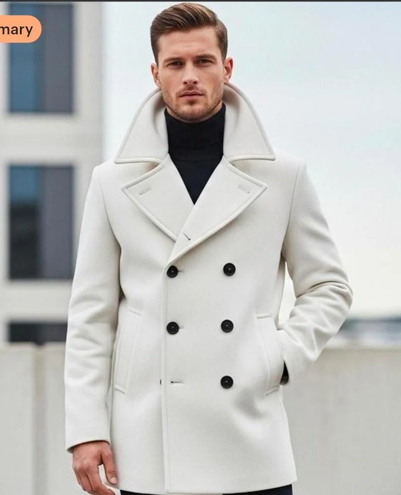 men's white wool peacoat front view double breasted