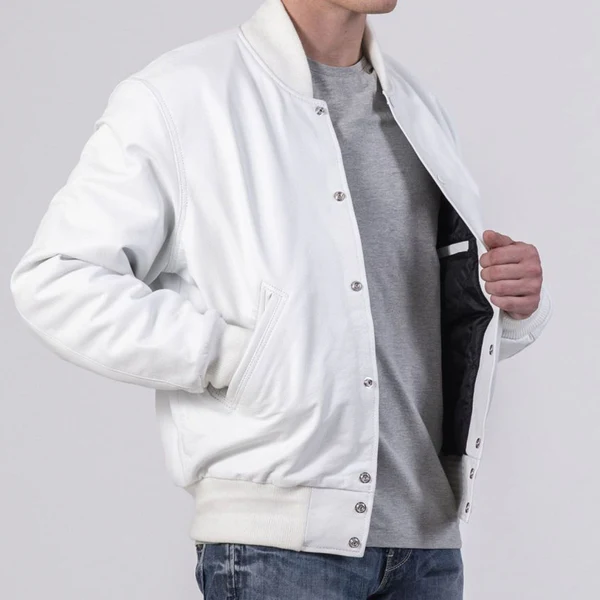 All White Genuine Leather Varsity Baseball Bomber Jacket - Image 2