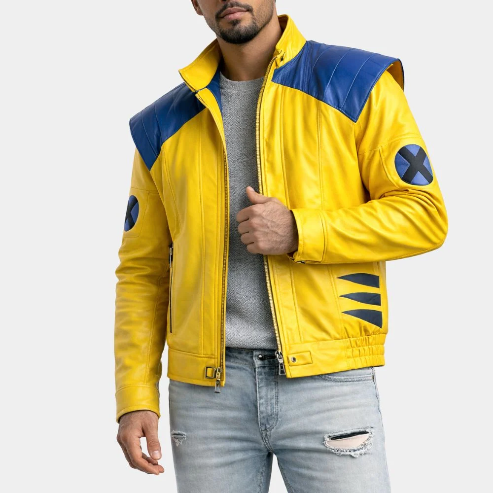 Front view of a man wearing the Wolverine Marvel Rivals yellow leather jacket featuring blue shoulder armor caps, claw scratch waist accents, and an X-Men sleeve logo. Wolverine Marvel Rivals Yellow Leather Jacket