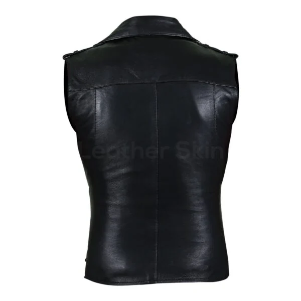 Women's Black Belted Motorcycle Leather Vest with Silver Zippers - Image 2
