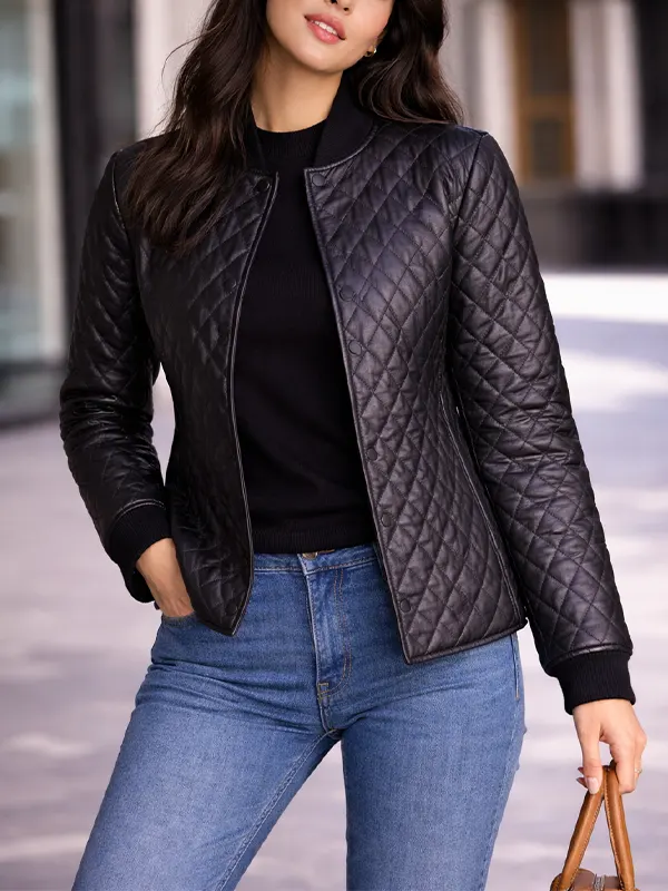 Women Faux Leather Quilted Jacket front view showing diamond quilting and snap placket