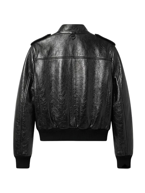 Tom Ford Shiny Leather Flight Jacket back view showing back yoke seam and rib-knit trim