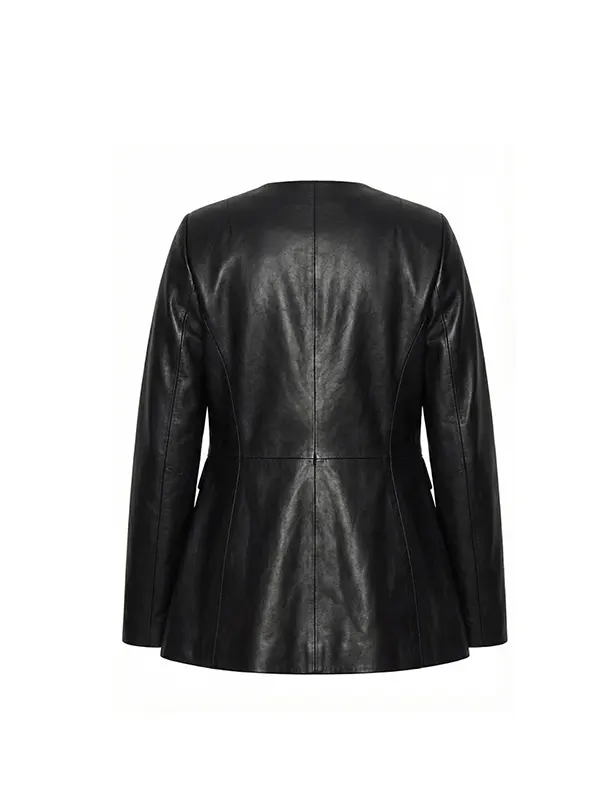 Women Black Leather Collarless Blazer Jacket back view showing vertical panel seams and tailored waist