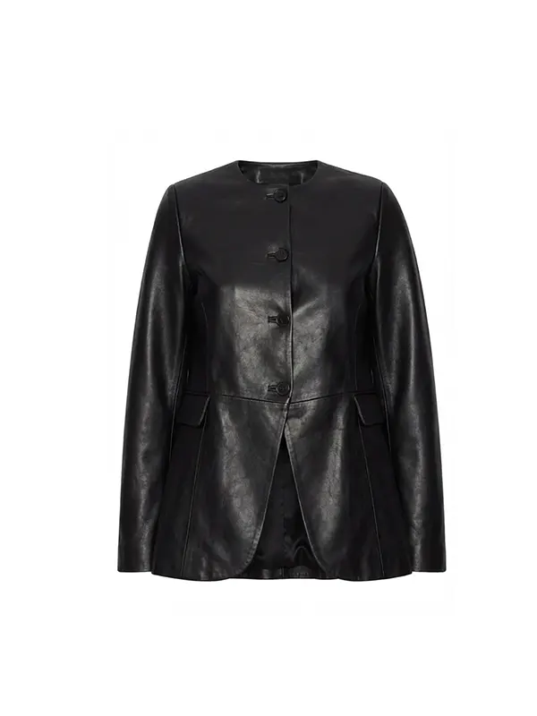 Women Black Leather Collarless Blazer Jacket front view showing collarless neckline, buttons, and flap pockets