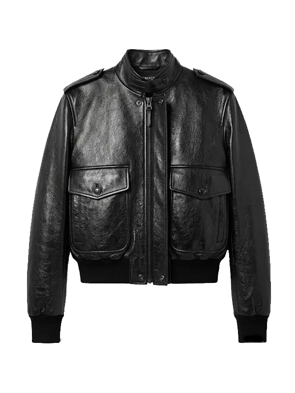 Tom Ford Shiny Leather Flight Jacket front view showing glossy finish, stand collar, and flap pockets