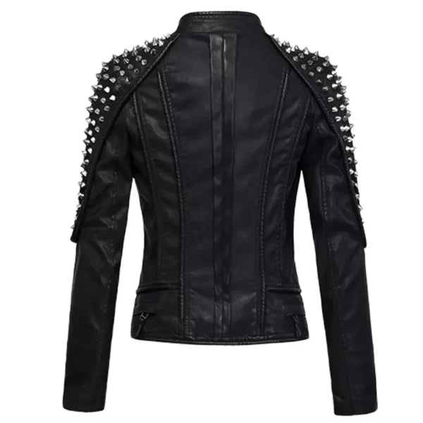 Women Black Studded Leather Moto Jacket back view showing shoulder spikes and vertical seam lines