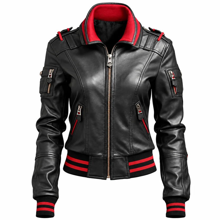 Front view of the women's black and red striped leather bomber jacket featuring central zipper, red inner collar, sleeve zip pockets, and red striped ribbed trim. Women’s Black & Red Striped Leather Bomber Jacket