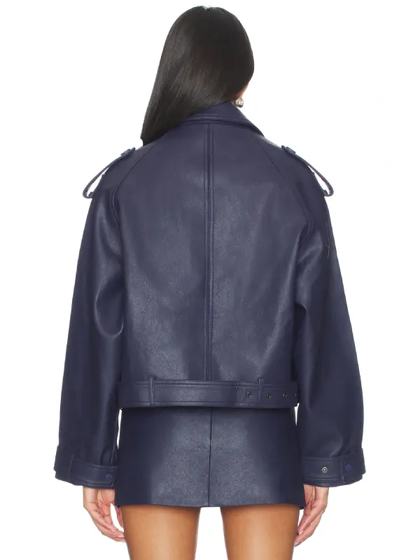 Womens Oversized Belted Dark Navy Blue Faux Leather Jacket - Image 2
