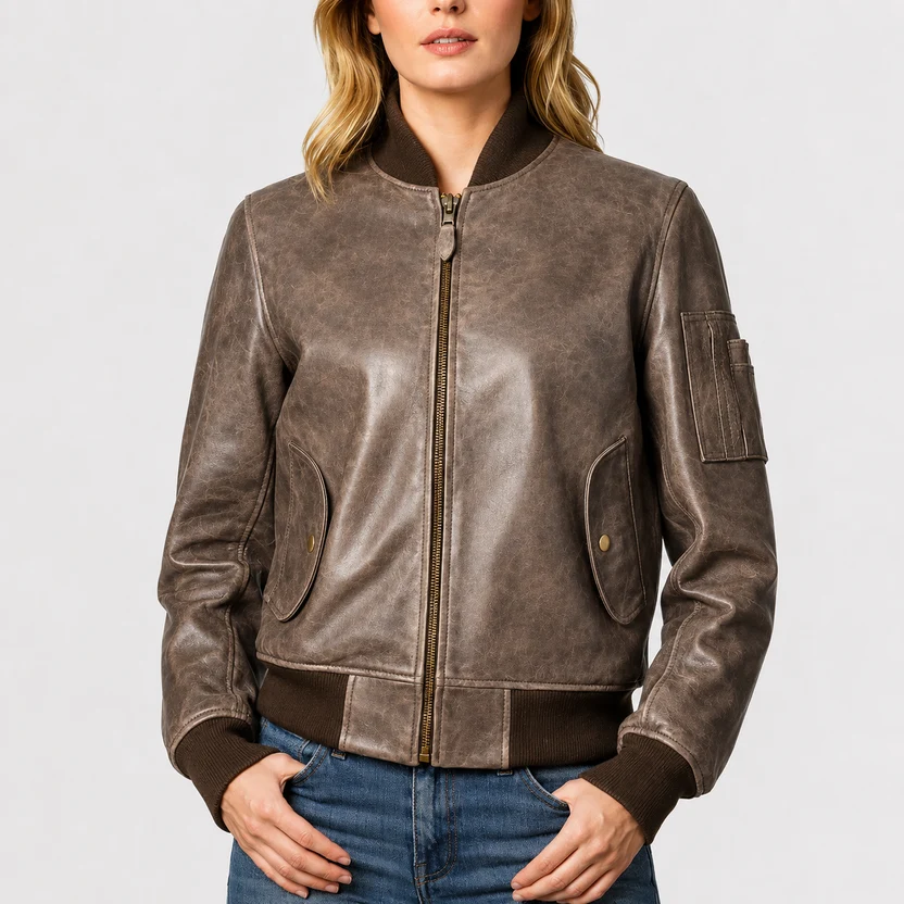 Front view of a woman wearing the distressed brown leather flight bomber jacket featuring curved snap flap pockets, full front zipper, and sleeve utility pocket. Women’s Brown Distressed Leather Flight Bomber Jacket