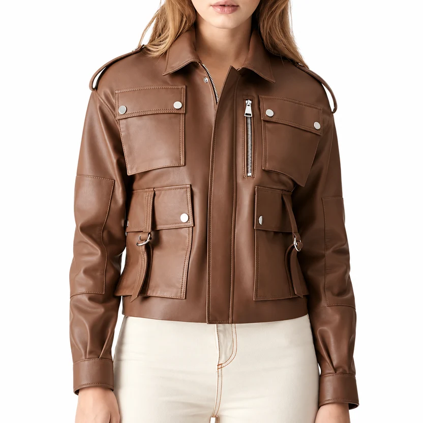 Front view of a woman wearing the brown leather utility cargo bomber jacket featuring multi-cargo flap pockets, vertical zip chest pocket, and pointed collar. Women’s Brown Leather Utility Cargo Bomber Jacket