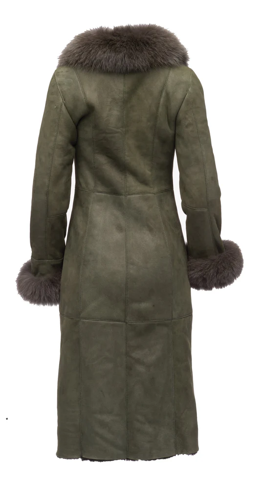 Women's Caitlan Olive Green Suede Shearling Long Coat - Image 2