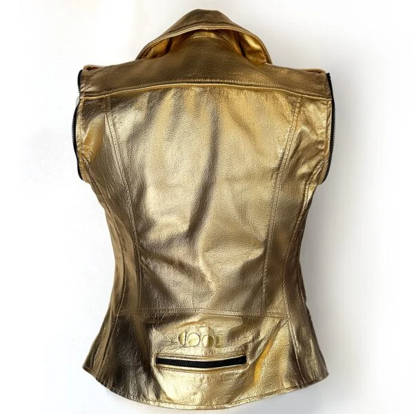 Women Metallic Gold Removable Sleeve Leather Jacket back view showing rear waist zip pocket and paneling