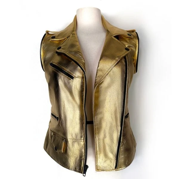 Women Metallic Gold Removable Sleeve Leather Jacket shown without sleeves as a leather vest on mannequin
