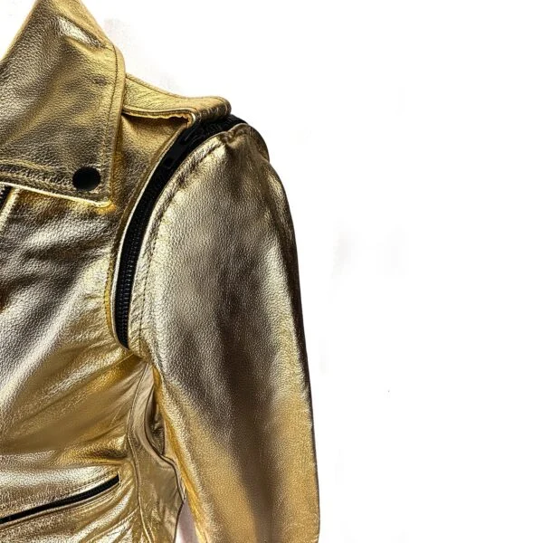 Women Metallic Gold Removable Sleeve Leather Jacket side view showing asymmetrical zipper and lapels